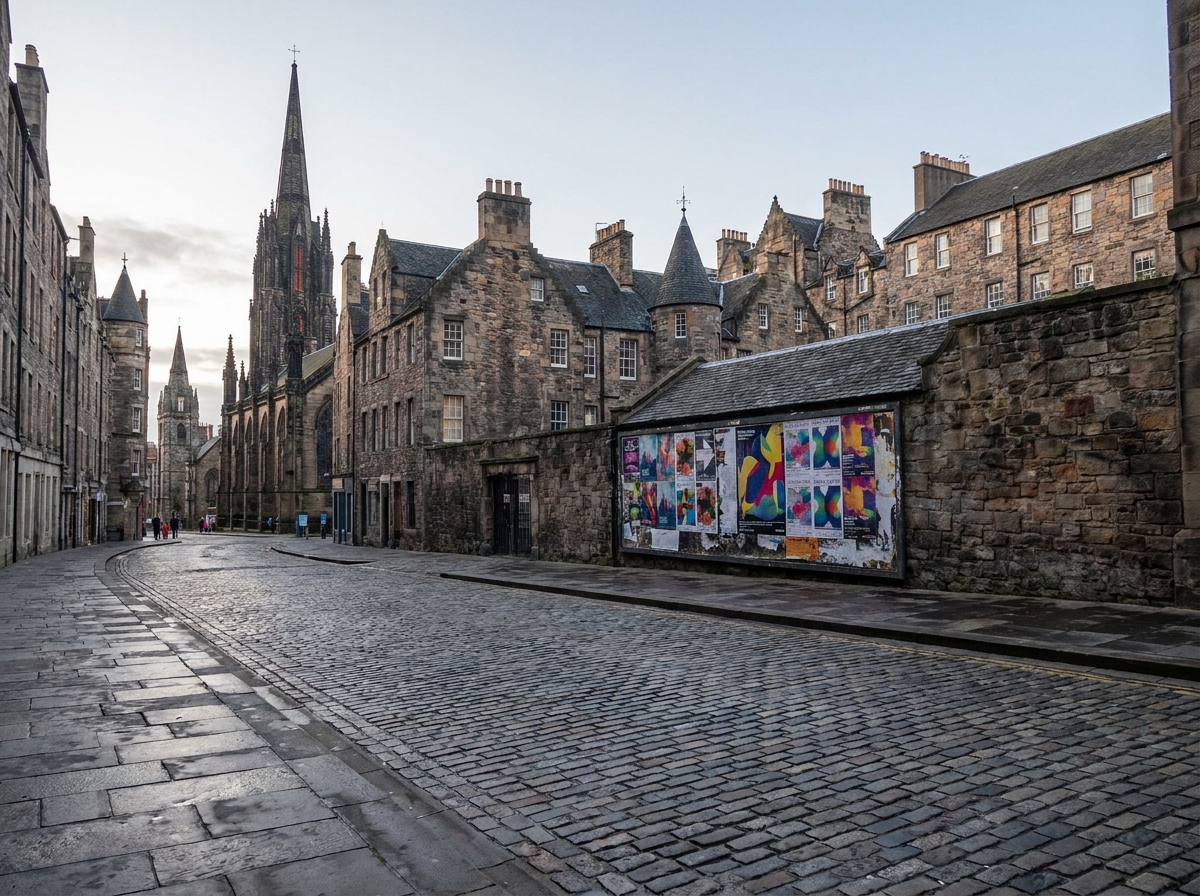 A quiet Edinburgh street ready for a day of festival events.