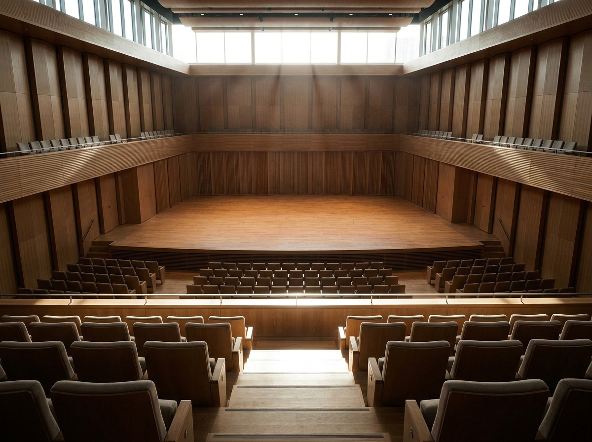An empty concert stage in Edinburgh, prepared for a performance.
