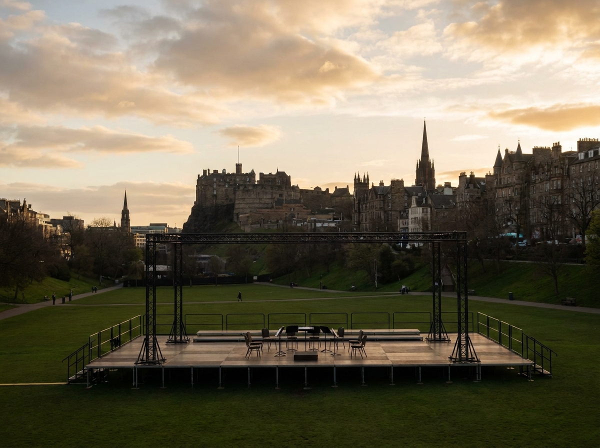 An outdoor event stage in Edinburgh with the city skyline in the background.