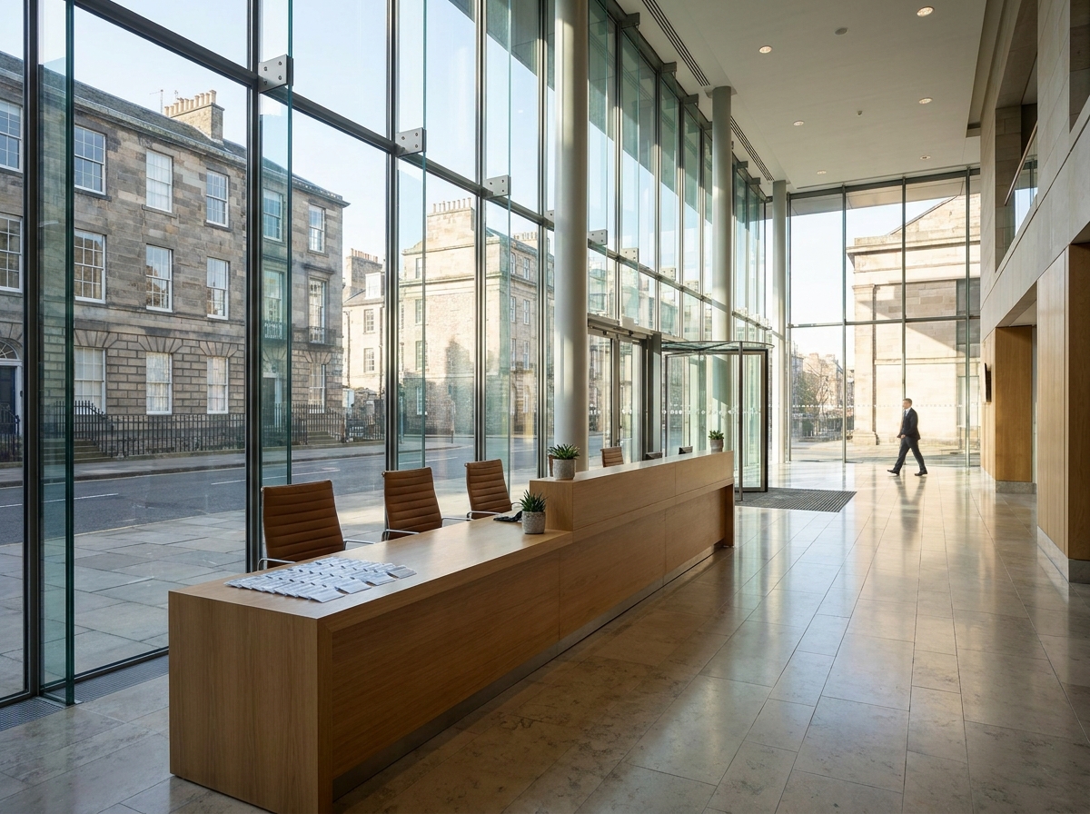 The registration area of a venue prepared for a business event in Edinburgh.
