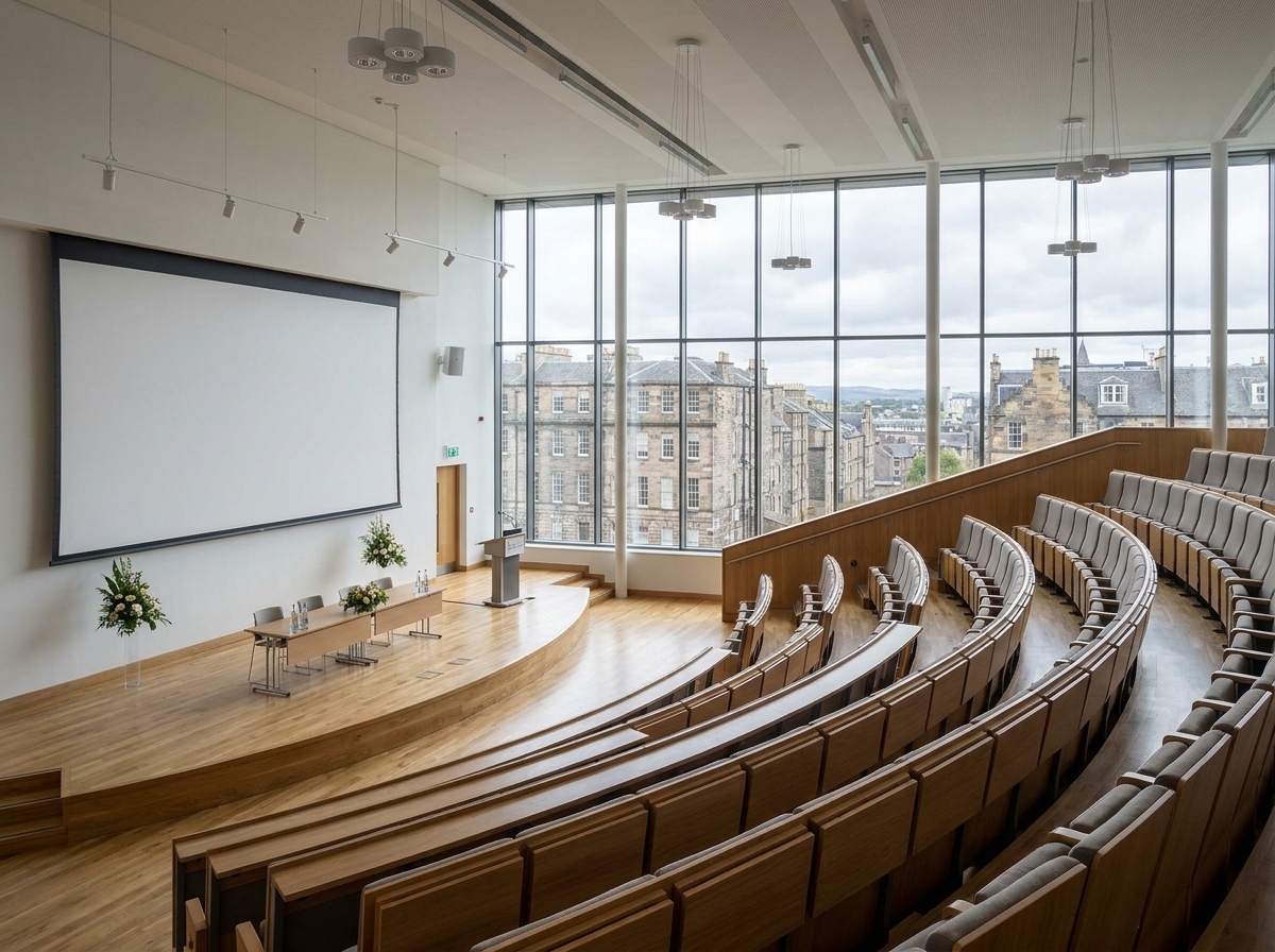 An empty auditorium set for a professional conference in Edinburgh.