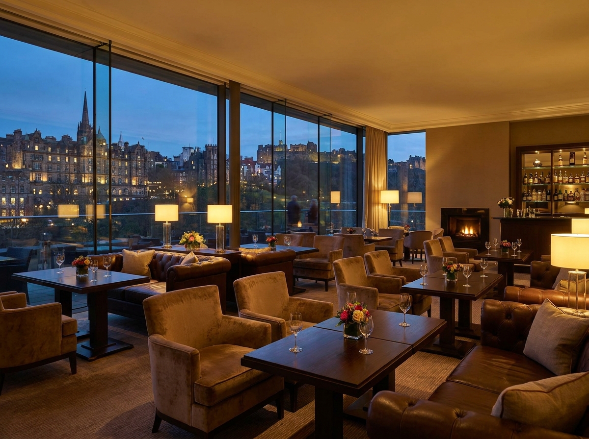 A sophisticated hotel bar in Edinburgh prepared for a corporate networking event.