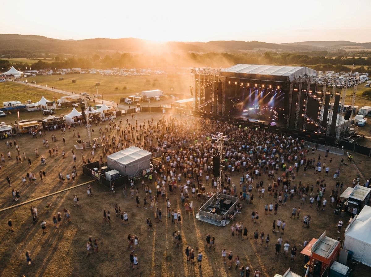 Aerial view of a massive crowd at an outdoor EDM festival.