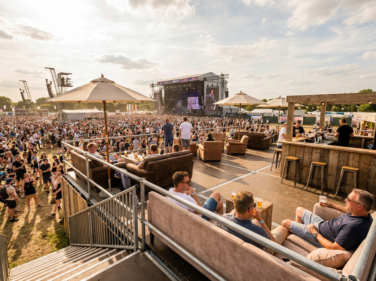 An exclusive VIP area overlooking the main stage at an EDM festival.