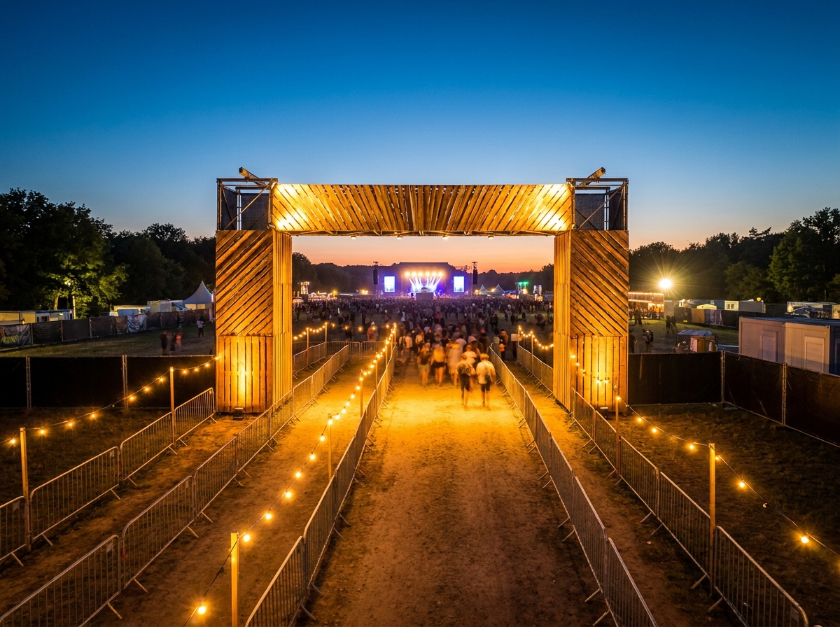 The organized entrance gate to a large EDM event at night.
