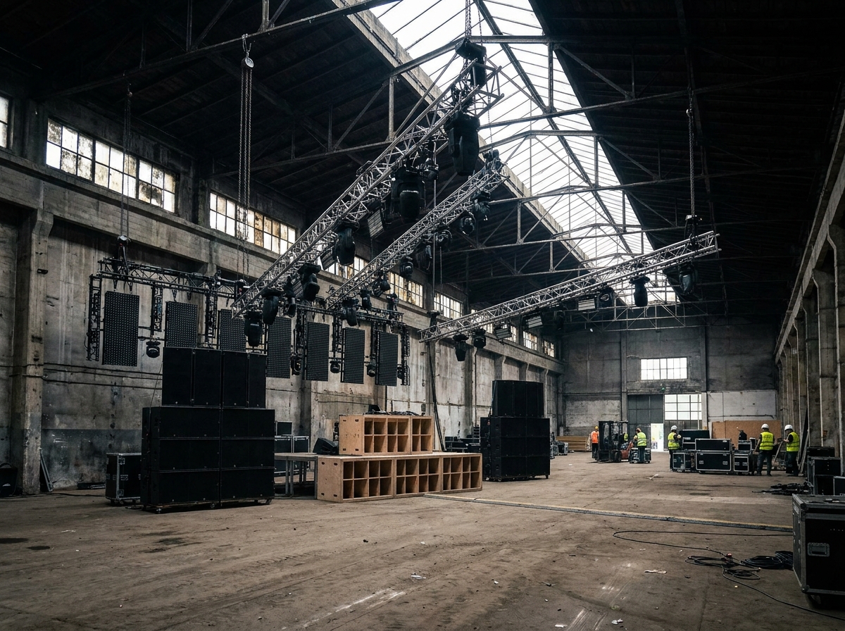 An empty warehouse space being prepared with stage lights and speakers for an EDM event.