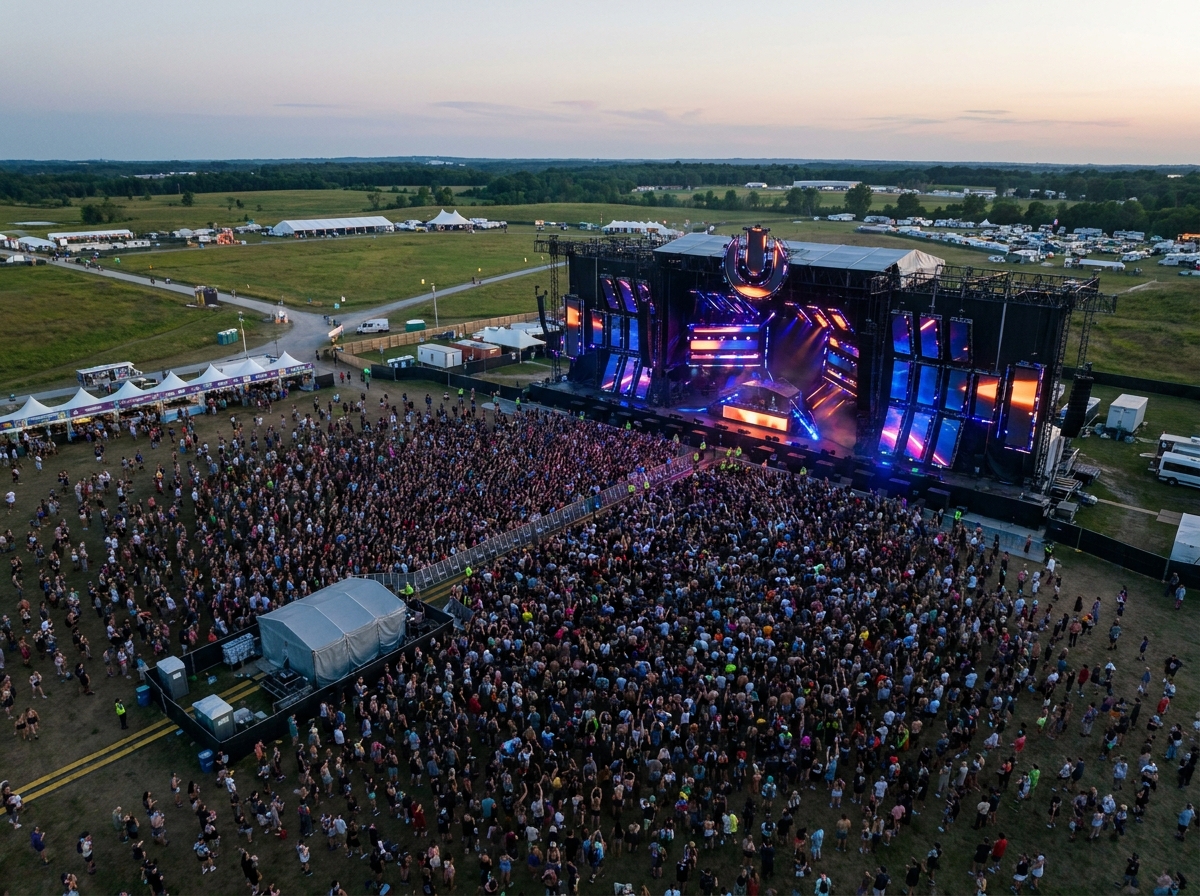 Aerial view of a massive crowd at an outdoor EDM festival.