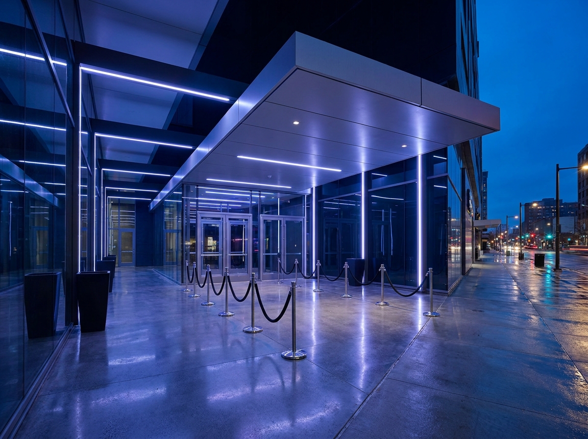 The organized entrance to a music venue ready for an EDM event.