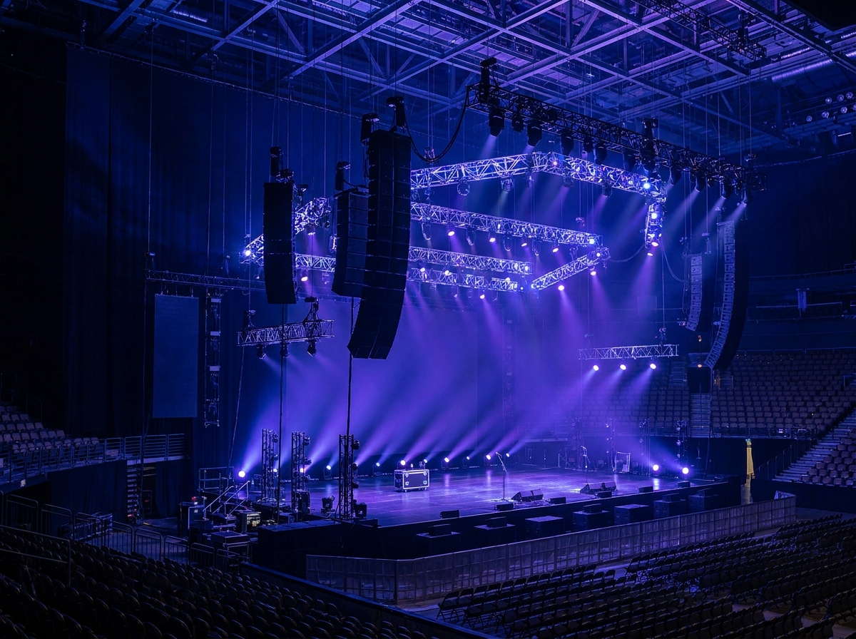 An empty stage with professional lighting, set for an EDM show.
