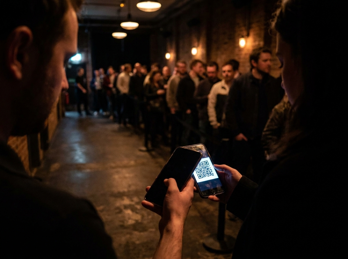 Staff member scanning a QR code ticket on a phone at a club night entrance.