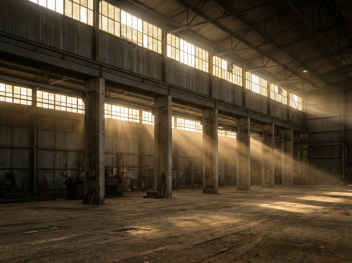 An empty warehouse prepared for a large-scale EDM or rave event.