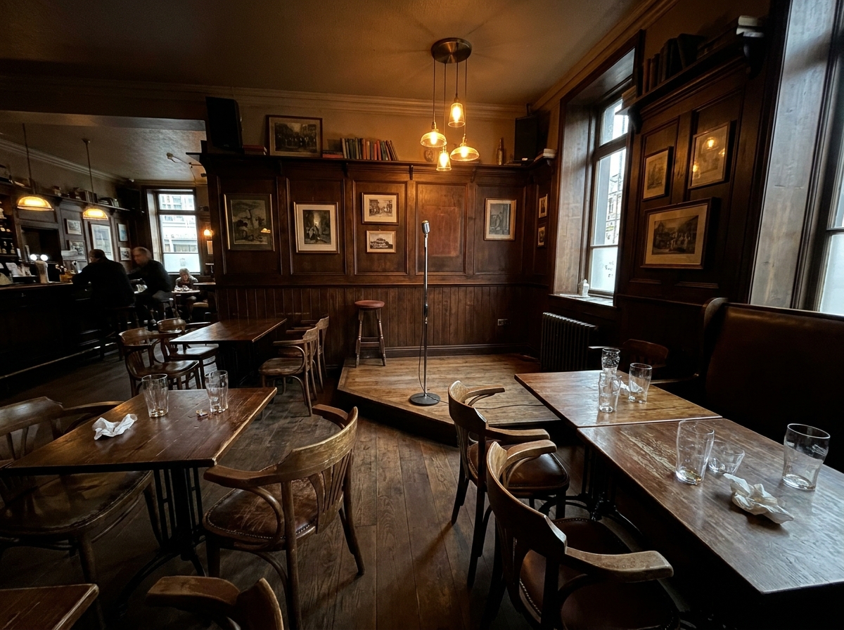 A small, empty stage set up for an open mic comedy night in a pub.