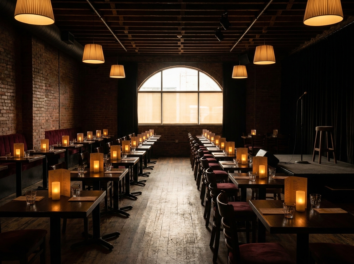 Empty reserved tables at a comedy club before a show.