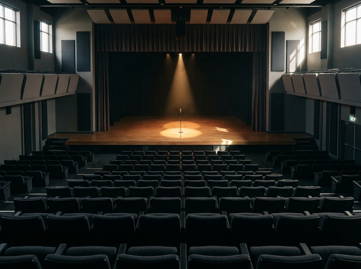 An empty theatre stage with a single microphone, prepared for a major comedy show.