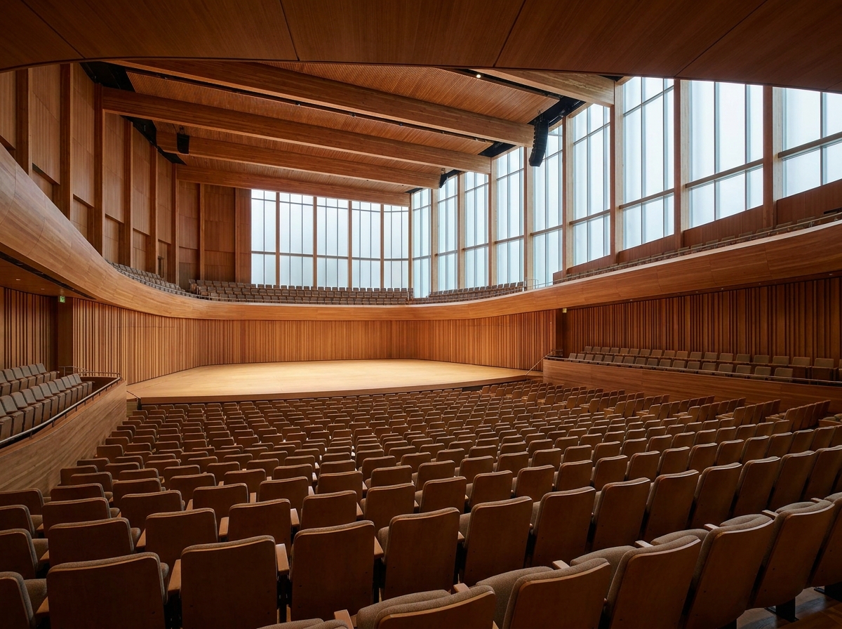 Interior of an empty concert hall in Edmonton, ready for a performance.