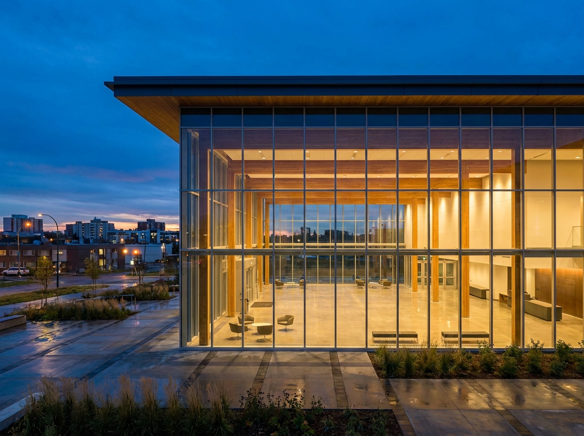 The empty, modern lobby of an event venue in Edmonton at night.