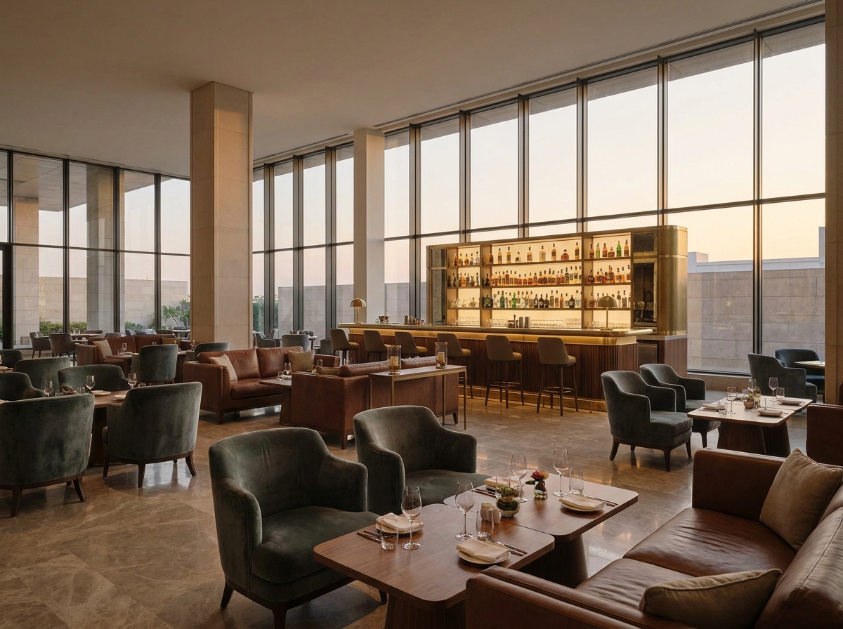 An empty, upscale hotel bar set up for a professional networking mixer.