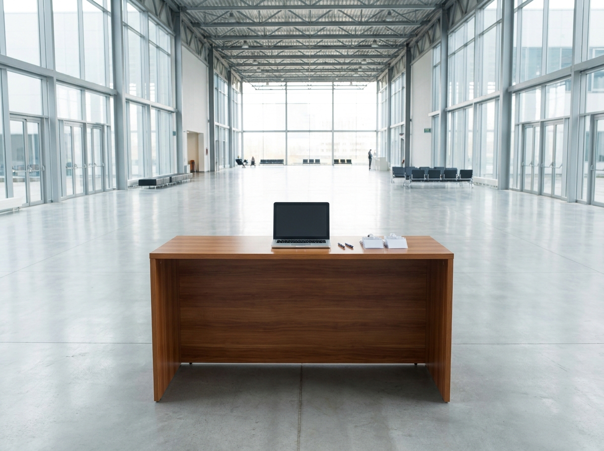 An empty registration desk prepared for check-in at a business event in Edmonton.