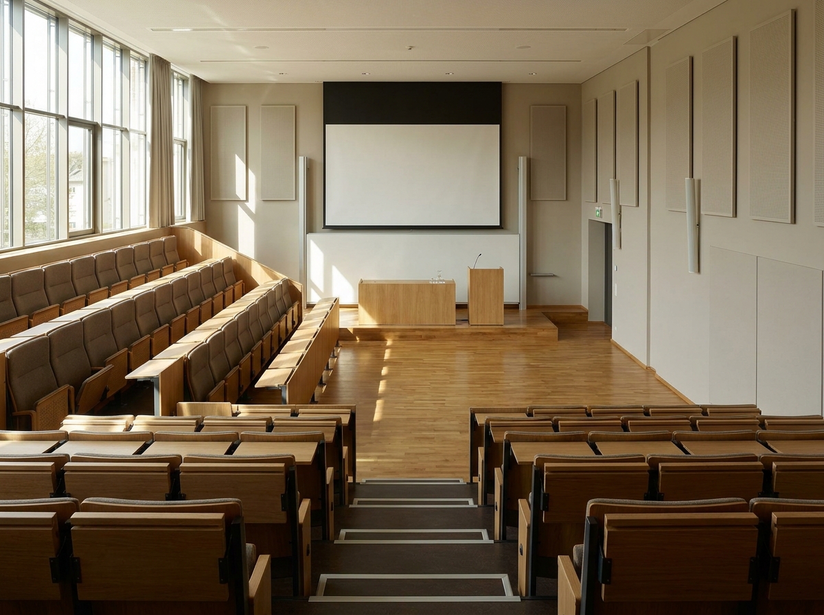 Empty auditorium stage and seating, ready for a professional seminar event.