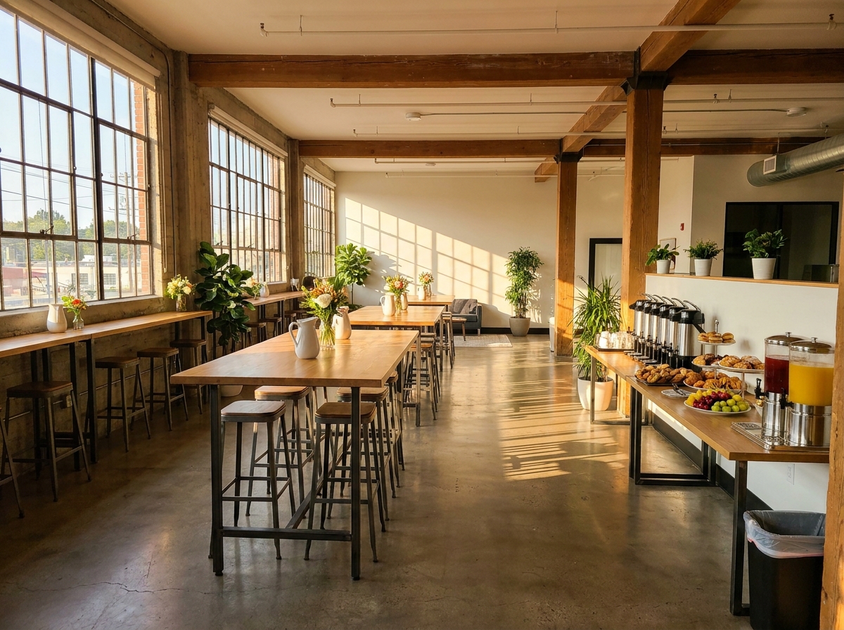 An empty co-working space prepared for a morning business networking event.