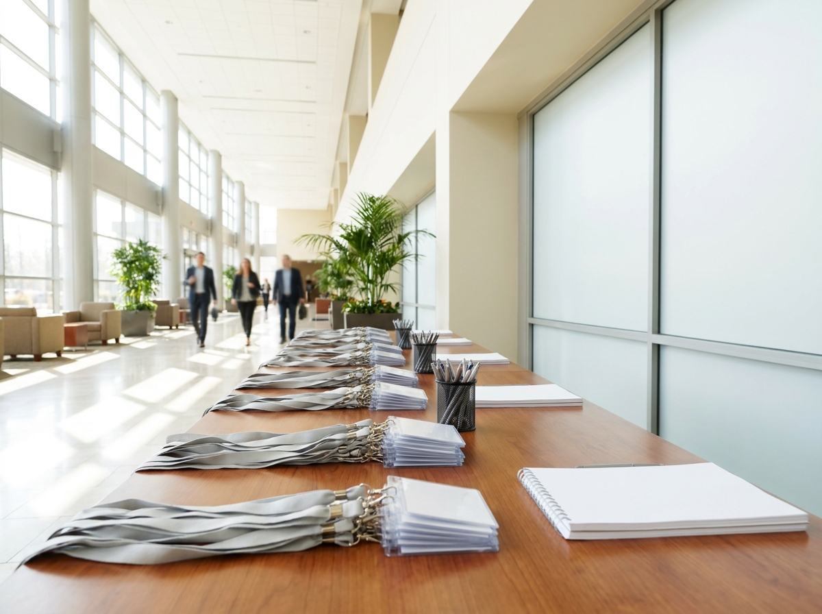 An organized registration desk set up for an education event.
