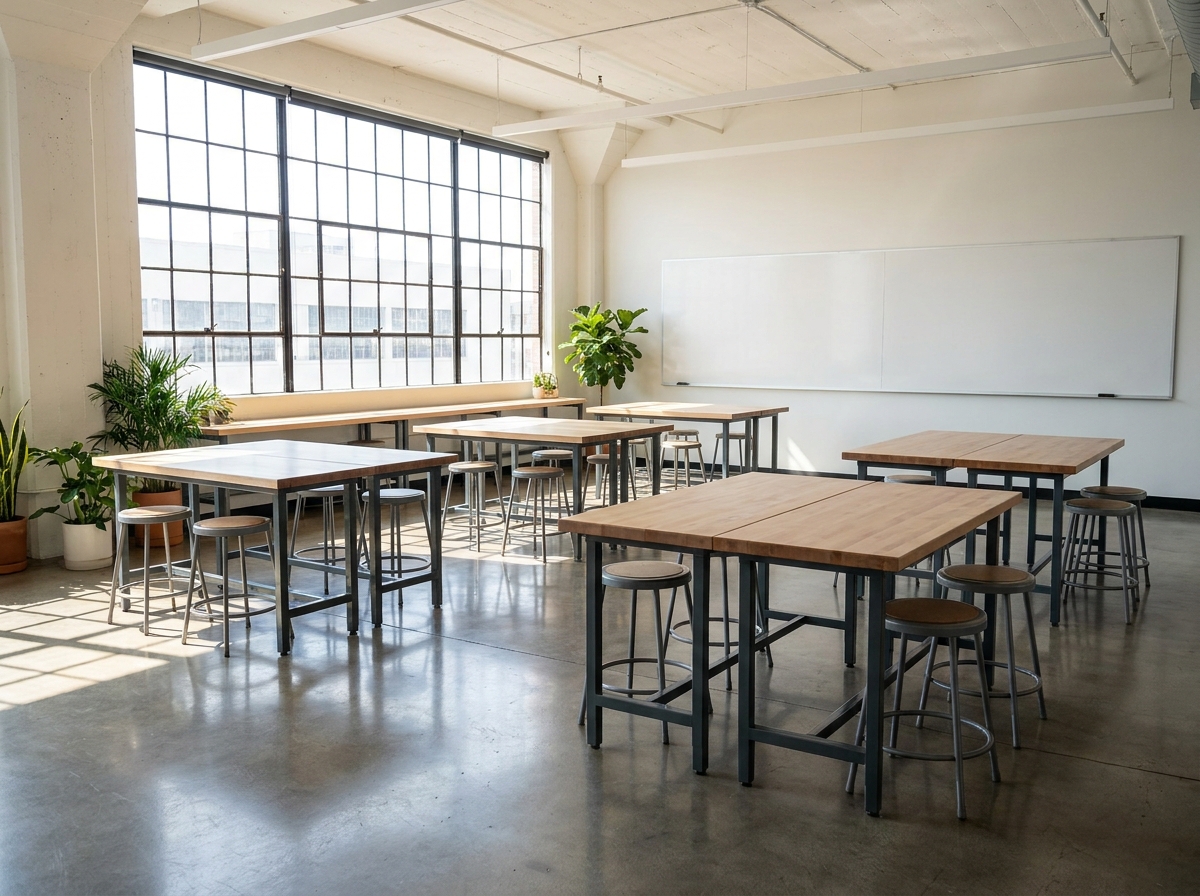 An empty classroom prepared for an educational workshop.