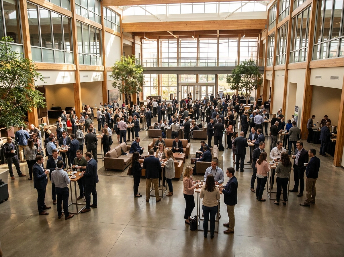 Educators networking in a sunlit atrium during a professional conference.