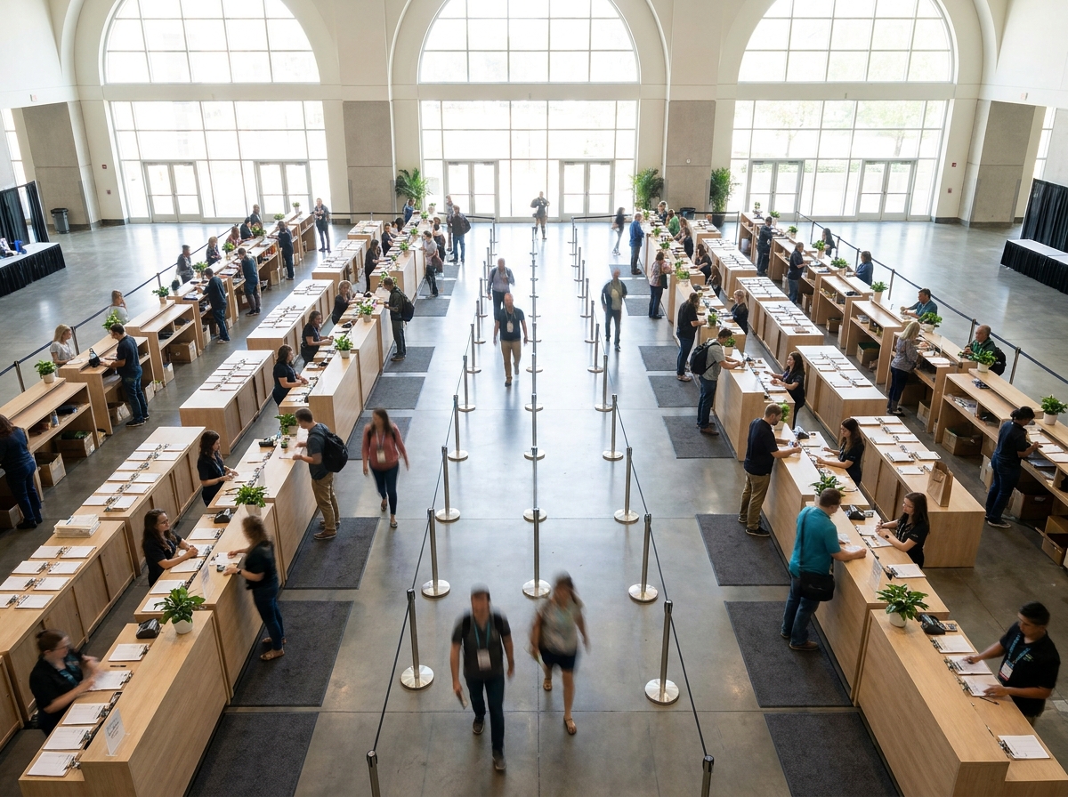 An efficient registration area at an educators' event, managed with QR code scanning.