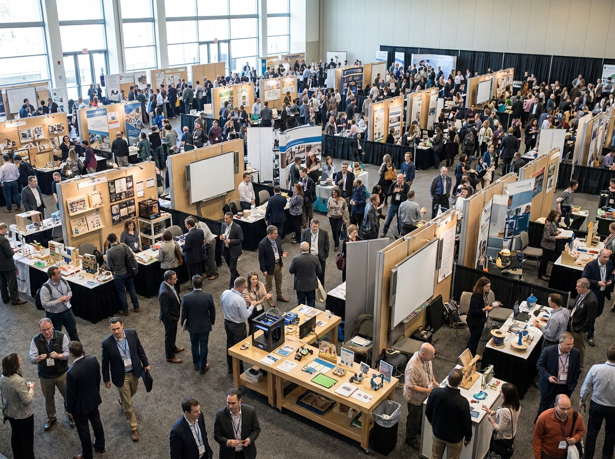 The busy exhibition hall at an educators' conference, filled with booths and attendees.
