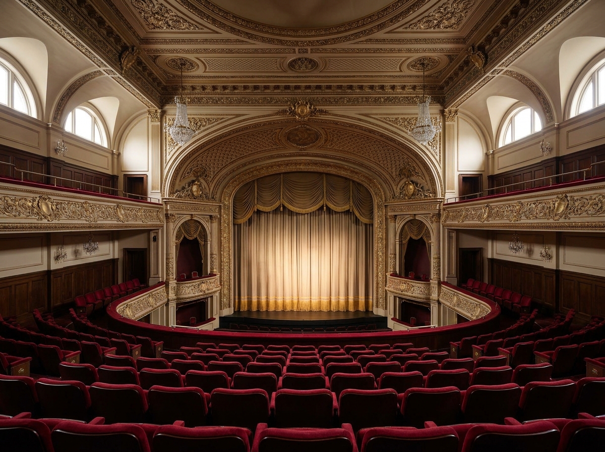 The empty seating and stage of a historic theater in El Paso.