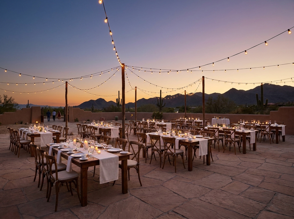 An outdoor patio set for an evening food event in El Paso.