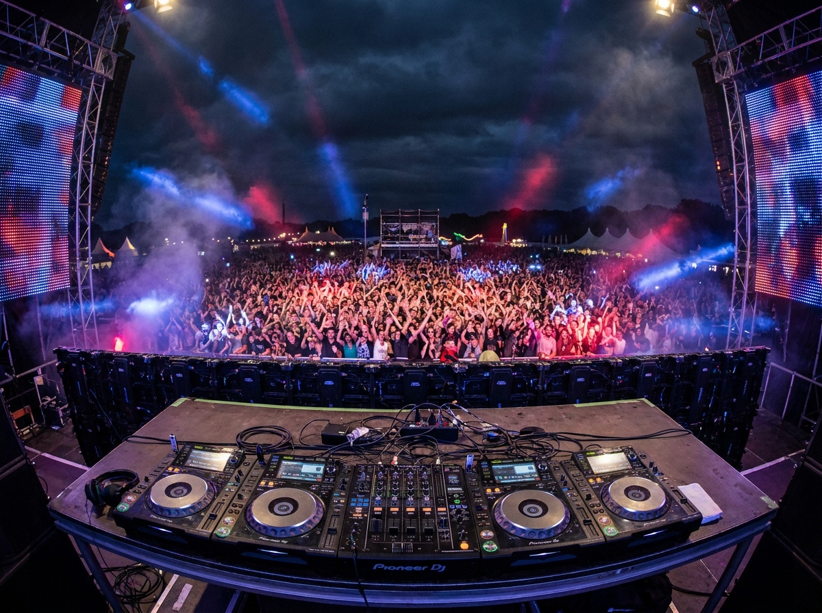 A view from the stage of a massive, excited crowd at an electronic music festival.