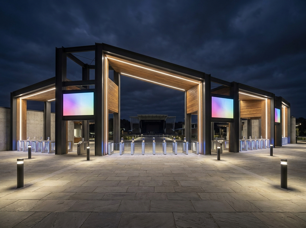 An empty, well-organized entrance to a concert venue at night, ready for electronic registration.
