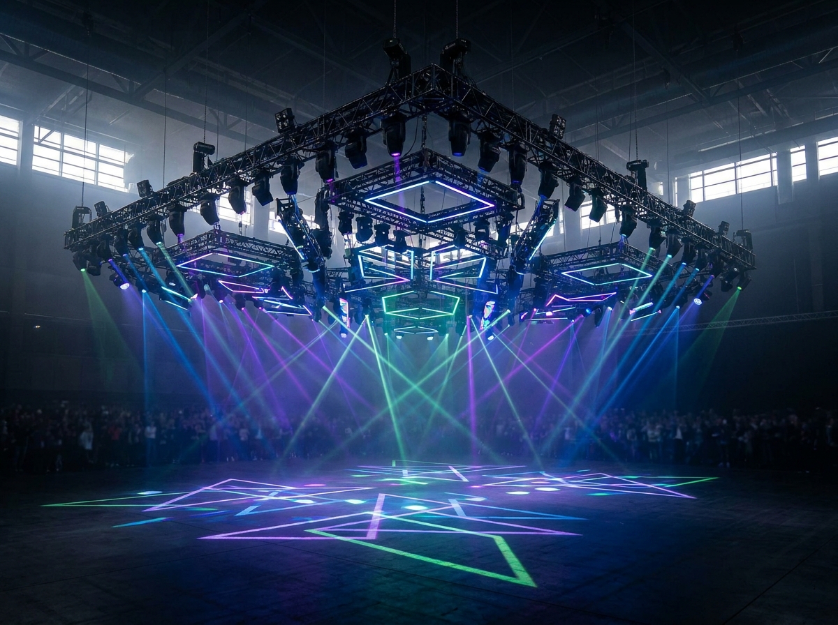 A complex stage lighting setup for an electronic music show, casting neon patterns.