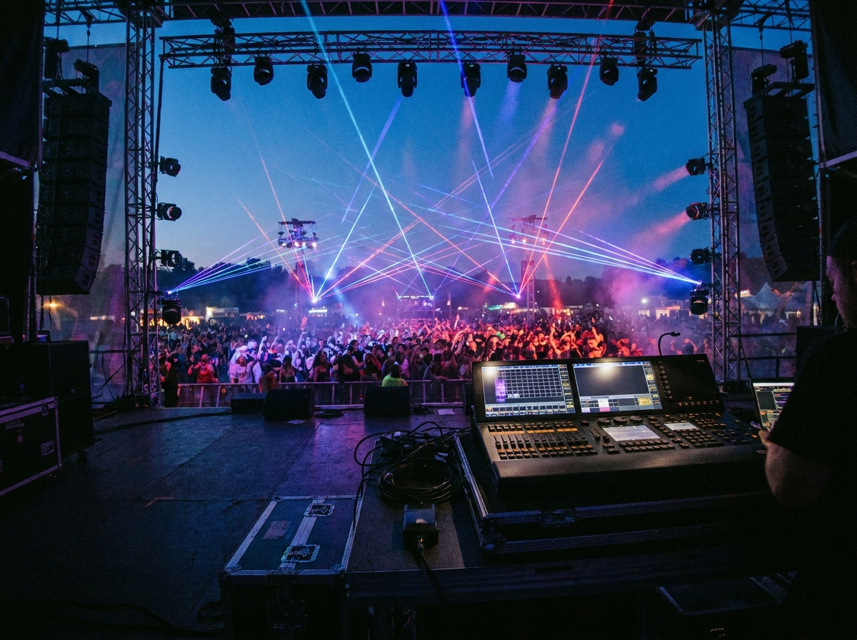 A side-stage view of a large crowd dancing at an electronic event under bright lights.