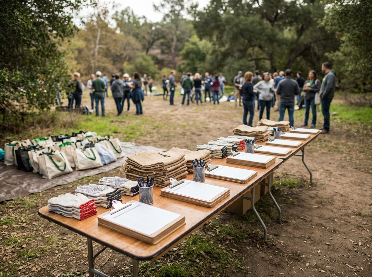 A check-in table prepared for an environmental cleanup volunteer event.