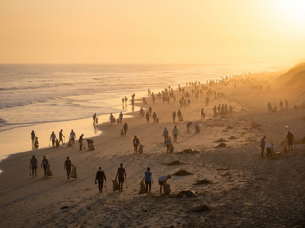 Volunteers participating in a large-scale beach cleanup event at sunrise.