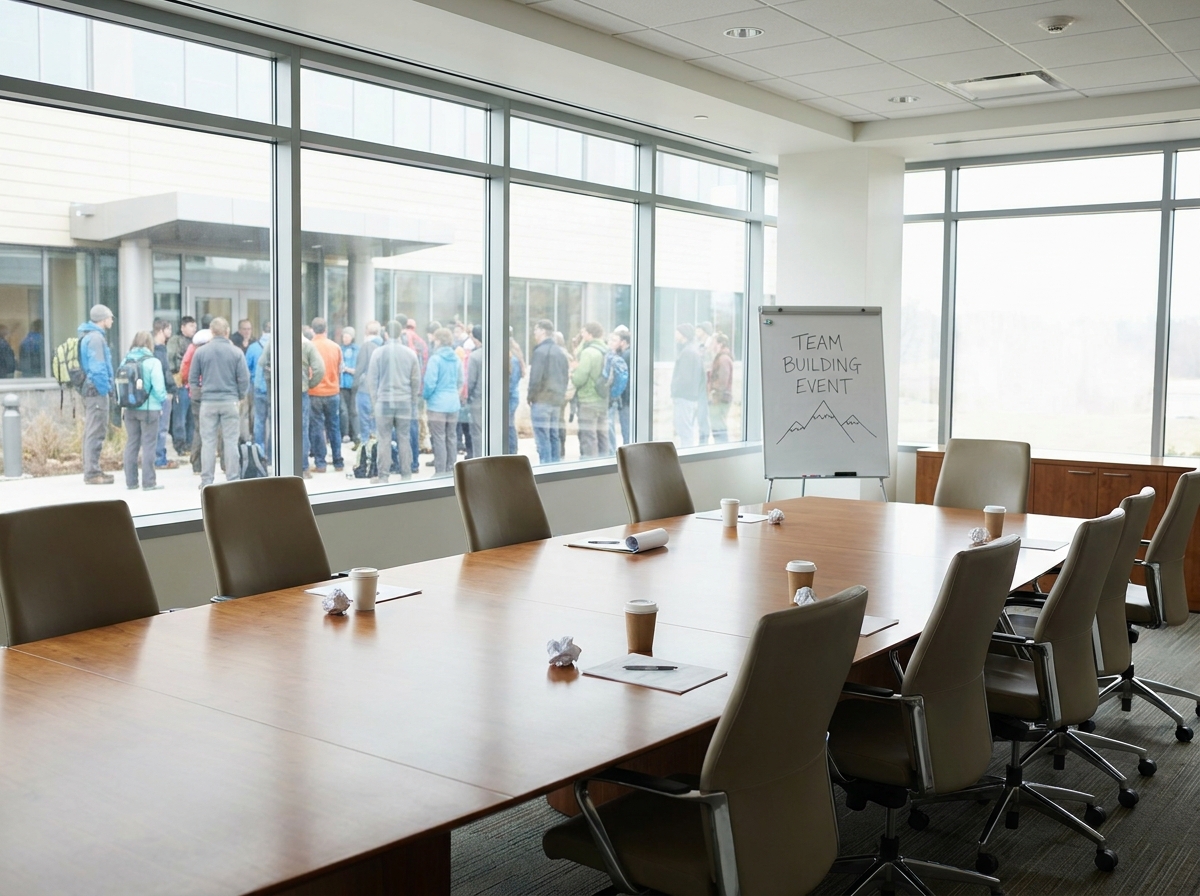 An empty corporate conference room, representing a business planning a team-building escape room event.