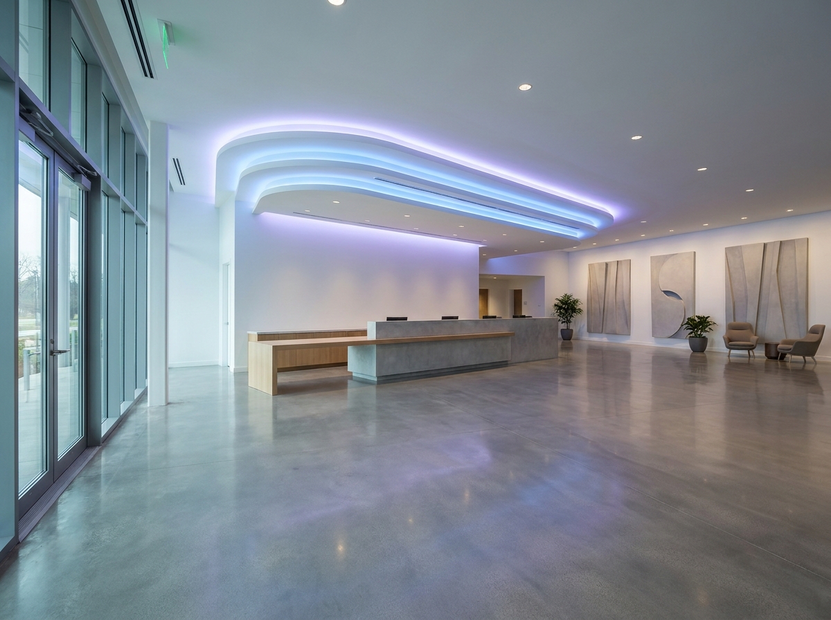 The clean, modern reception area of an escape room venue.