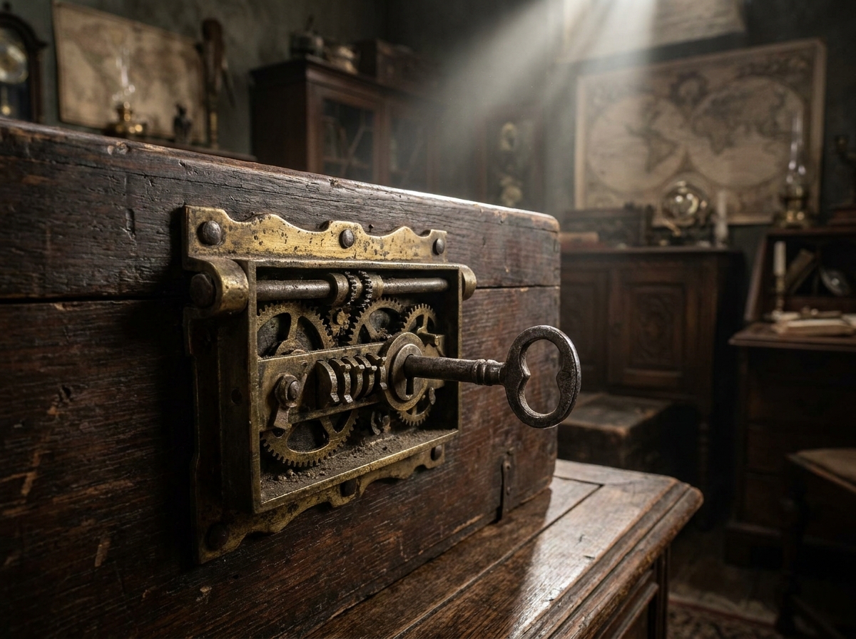 An intricate lock and key puzzle, symbolizing the timed challenge of an escape room.