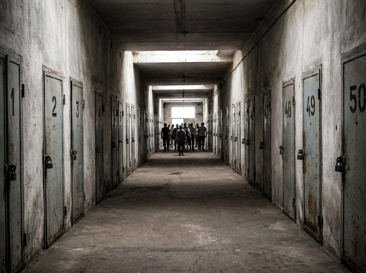 A row of mysterious, locked doors in an escape room hallway.
