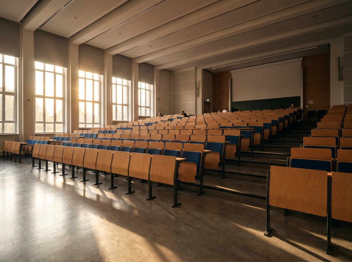 An empty university lecture hall in Eugene, ready for an event.
