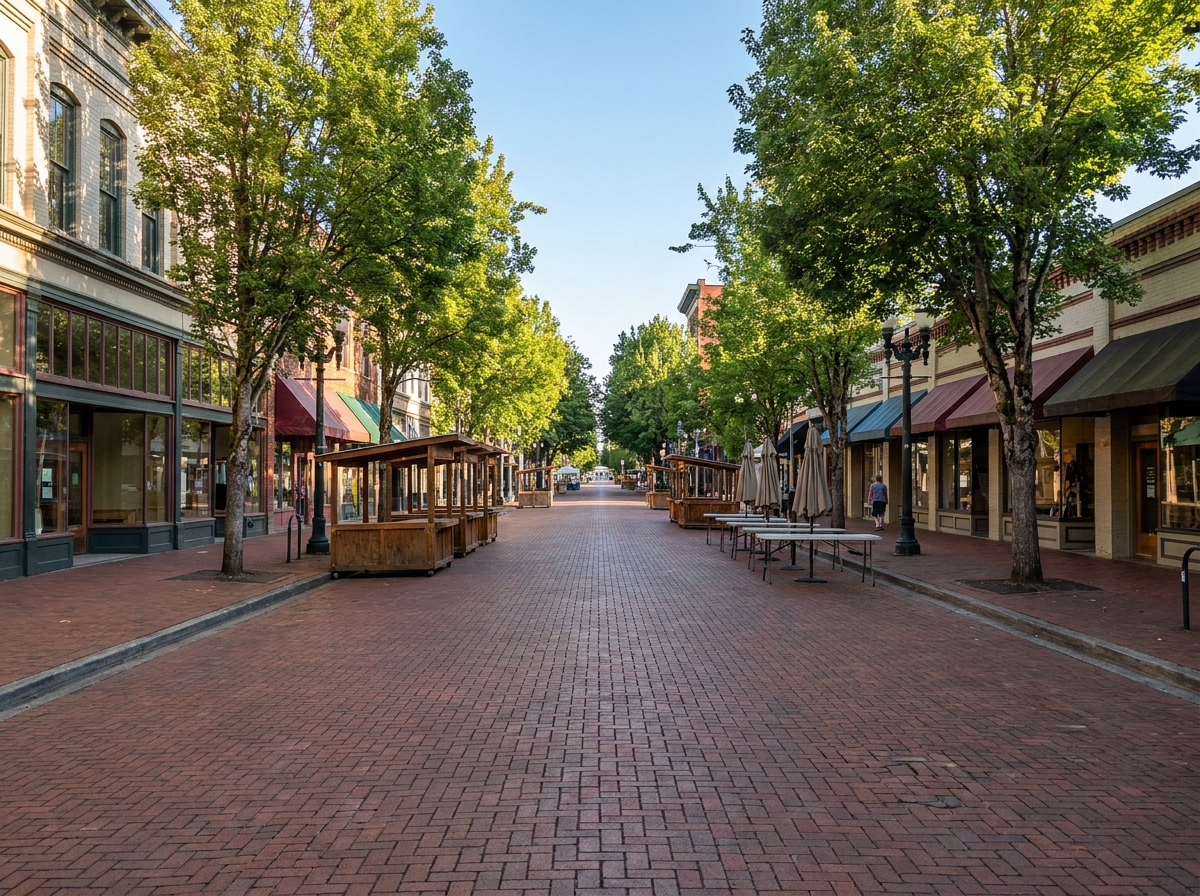A quiet downtown Eugene street, ideal for a local community event.