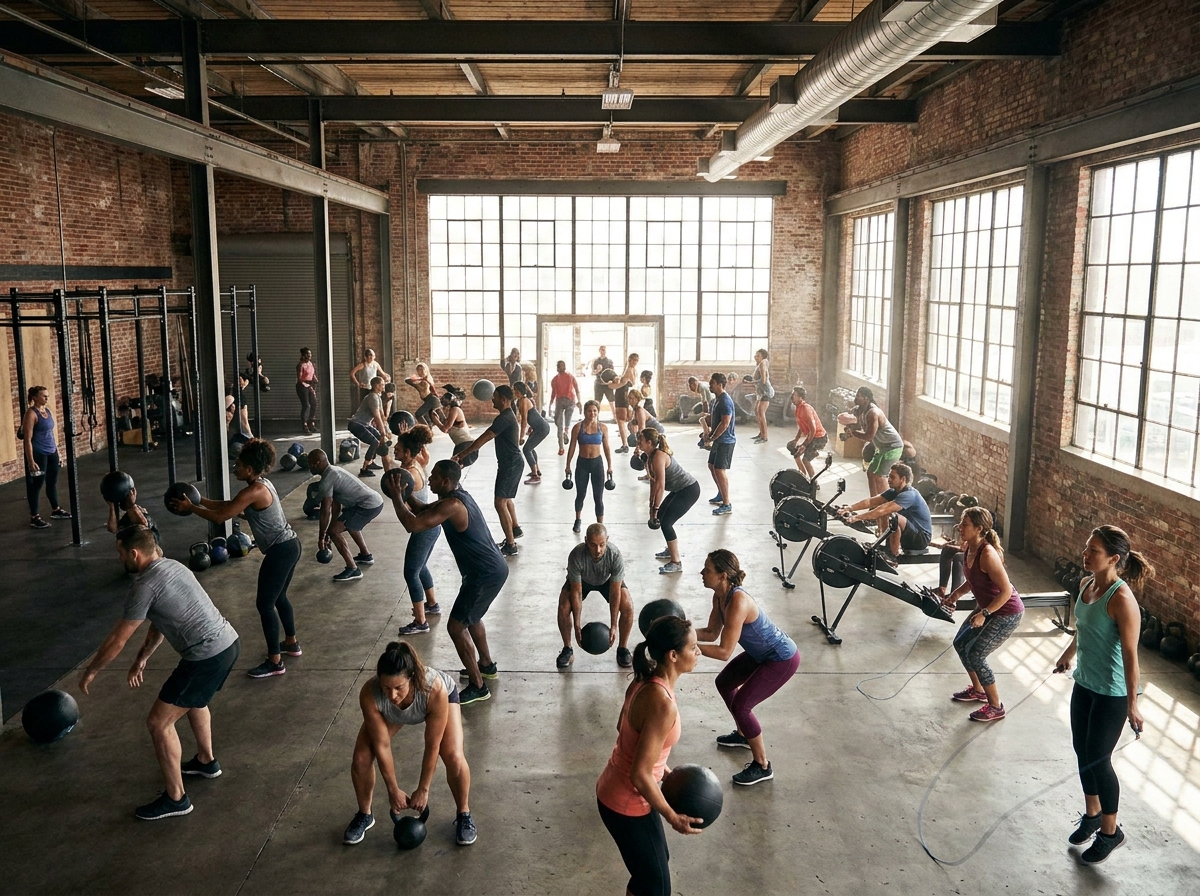 Participants in a high-intensity exercise class at a modern gym.