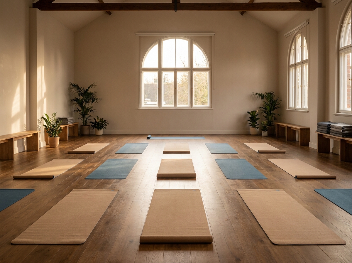An empty yoga studio with mats ready for an exercise registration event.