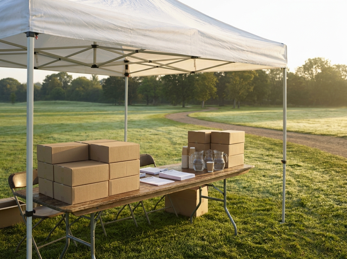 A registration table prepared for an outdoor exercise event.