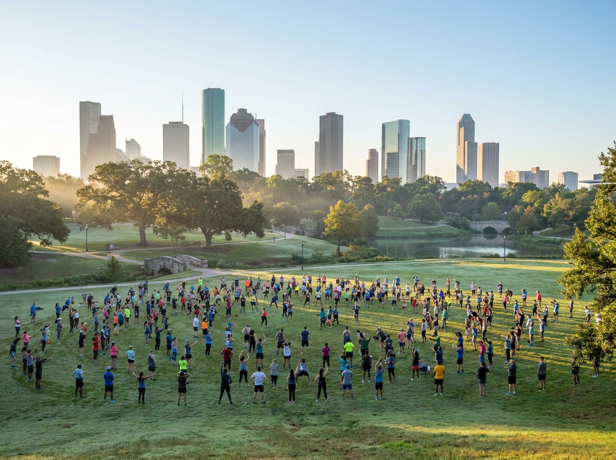 A running group warms up together in a park before an exercise event.
