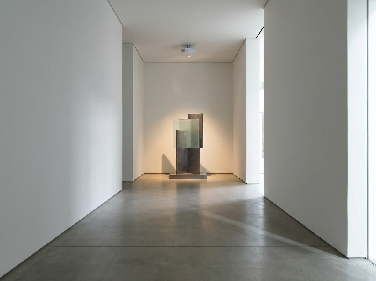 A modern sculpture on display at the end of a quiet, white-walled gallery, a typical venue for an experimental event.