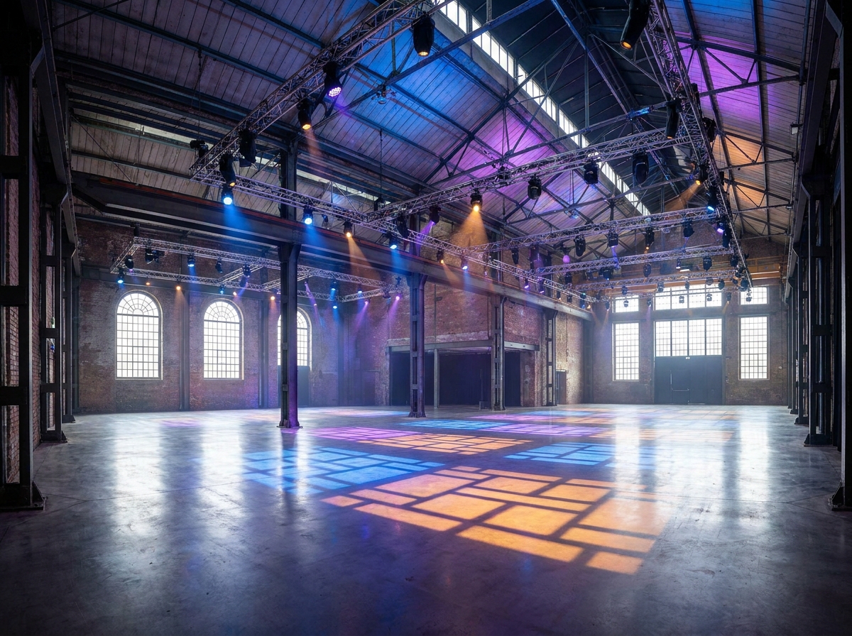 An empty warehouse prepared with stage lighting for an experimental event.