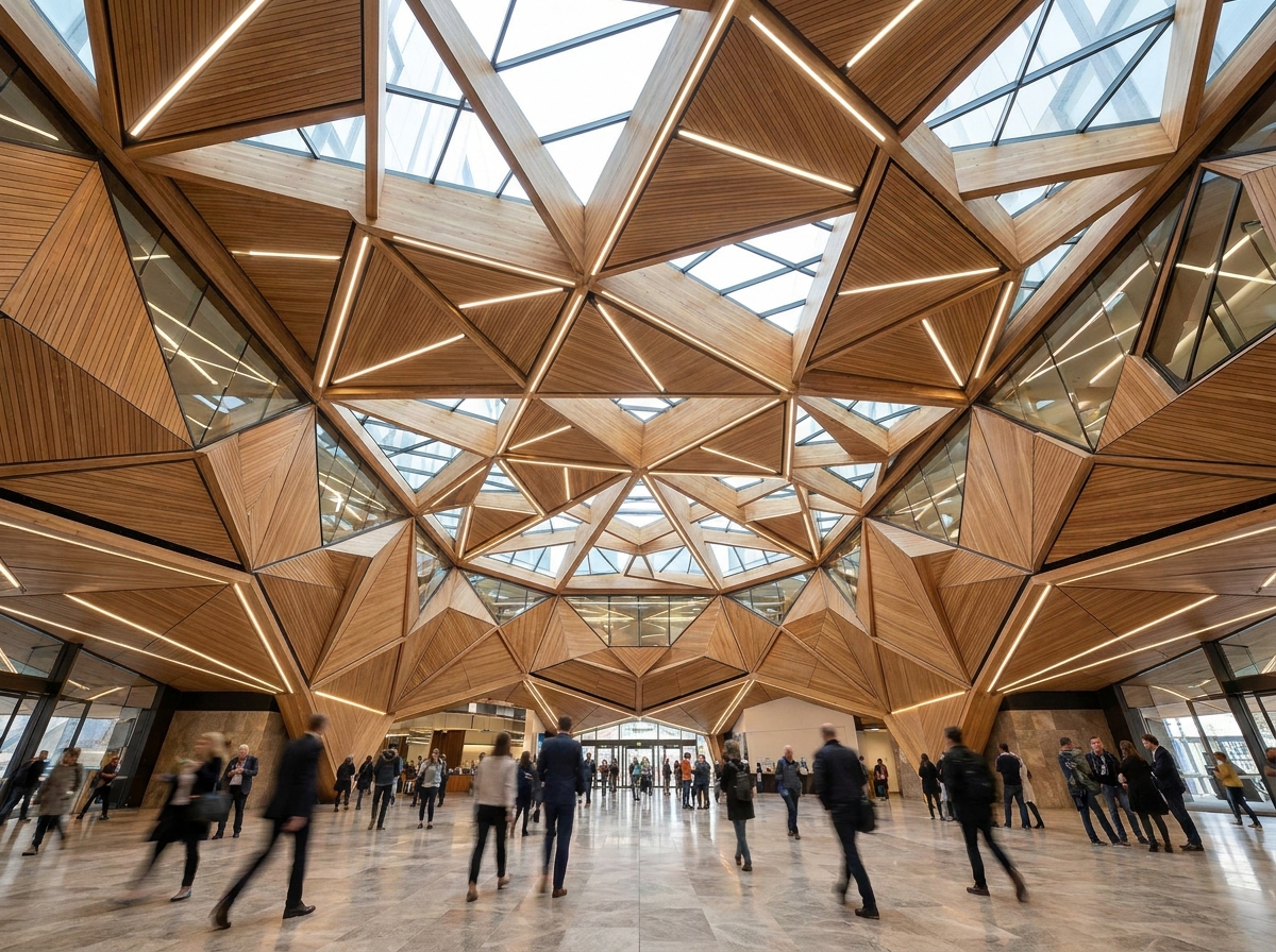 Abstract, upward-looking view of a modern building's geometric ceiling, symbolizing a unique experimental event.